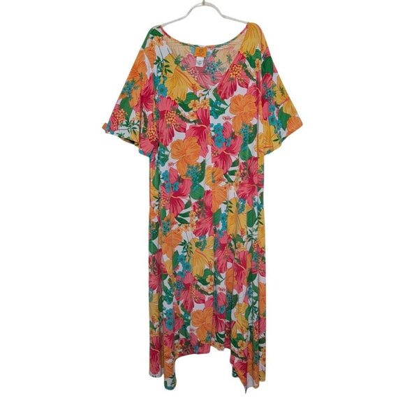 Ruby Rd Floral Midi Dress Womens Size 2X White Colorful Hibiscus Tropical - Picture 1 of 8